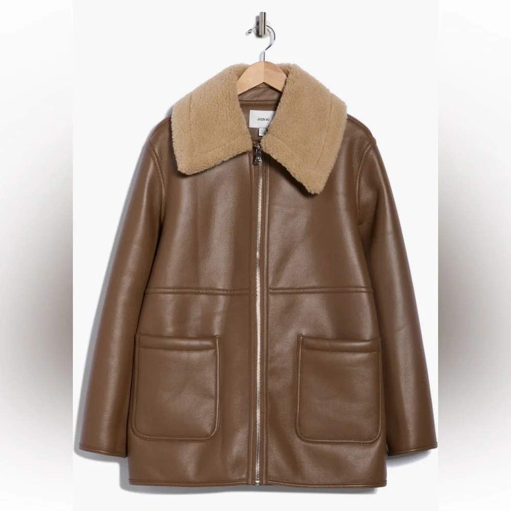 NWT JASON WU Faux Shearling Collar Faux Leather Coat Brown / Tan